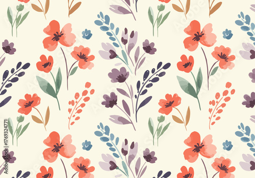 Seamless watercolor pattern with cotton flowers, dried flowers and beige leaves on a colored background
