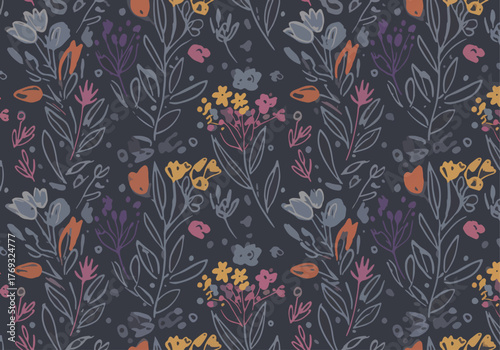 Seamless watercolor pattern with cotton flowers, dried flowers and beige leaves on a colored background