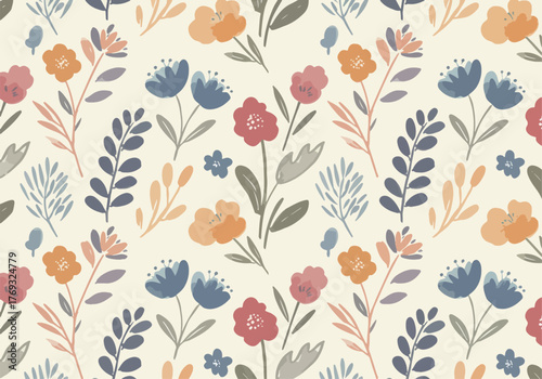 Seamless watercolor pattern with cotton flowers, dried flowers and beige leaves on a colored background