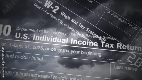 2025 IRS Income Tax Documents with Dark Clouds Animation