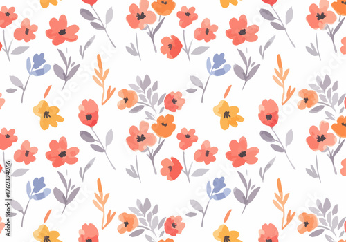 Cute hand color watercolor seamless pattern of pink flowers and butterflies