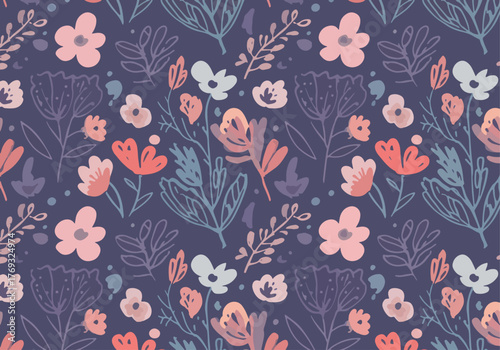 Cute hand color watercolor seamless pattern of pink flowers and butterflies