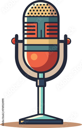 Vintage Microphone on Stand – Stylized Red and Beige Broadcast Icon Vector Illustration