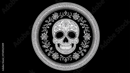 Ornate White Sugar Skull Illustration with Floral Frame on Black Background - Day of the Dead Calavera Art Design