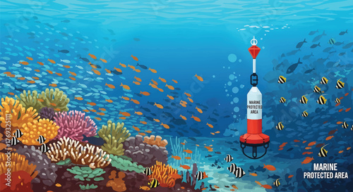 Vibrant coral reef with a marine protected area buoy surrounded by a school of small fish underwater.