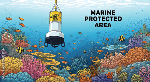 Vibrant coral reef scene with a marine protected area sign and a buoy in the ocean with various fish and sea life.