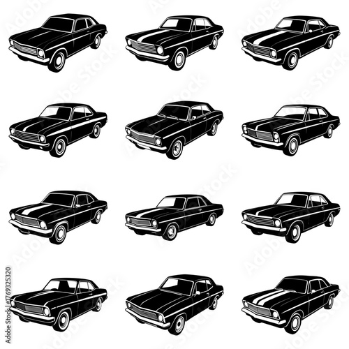 Vintage car collection, a classic automotive lineup. Perfect for posters, banners, and enthusiast merchandise. A vector art style with retro vibes.