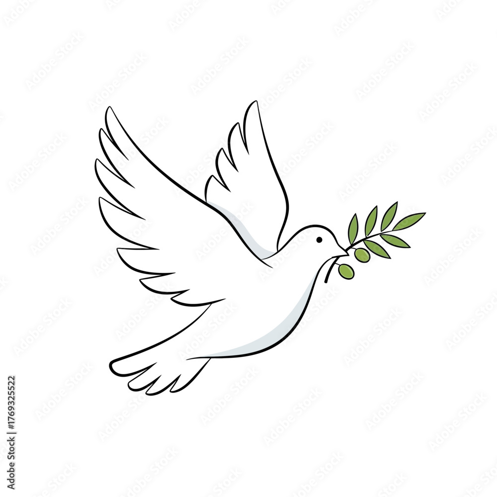 Obraz premium Graceful white dove flies carrying olive branch symbol of peace and hope in clear sky