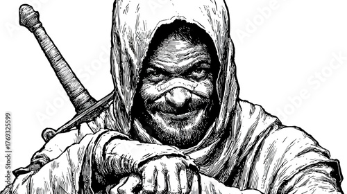 Menacing Hooded Rogue with Sinister Smile and Sword - Black and White Ink Drawing of a Fantasy Warrior Character