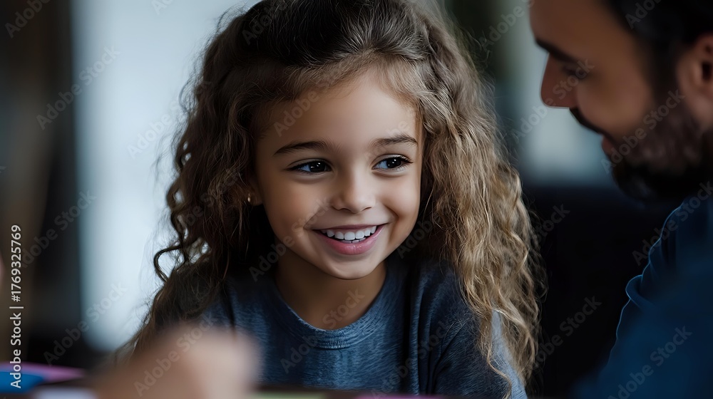 Obraz premium Young mixed race girl with curly hair and bright smile wearing blue shirt looks up joyfully while spending quality time with parent at home.