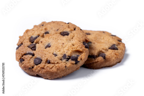 Baked chocolate chip cookies isolated on white background