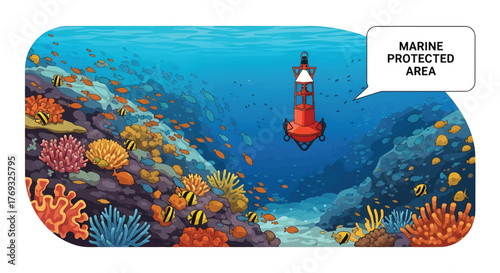 Illustration of a vibrant coral reef with a lighthouse and a marine protected area sign in the ocean.
