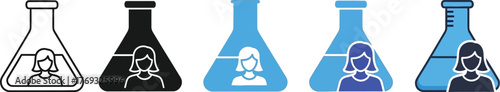 Diverse woman in flask icon set for science and research