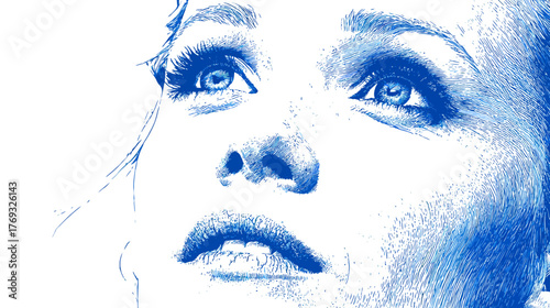 Intense blue graphic illustration of a woman's face with expressive eyes looking upward, conveying hope, future, and inspiration.