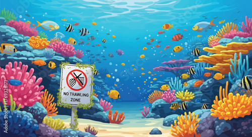 Vibrant underwater scene with a no fishing sign surrounded by coral reef and various tropical fish in clear blue water.