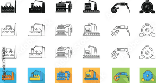 Collection of industrial factory and plant icons in various styles
