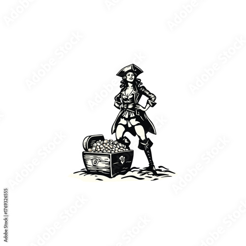 Vintage engraving style illustration of a confident female pirate standing proudly beside an open wooden treasure chest overflowing with gold coins