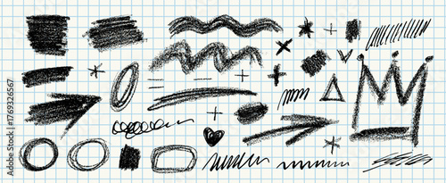 Crown arrow scribbles. Black crayon chalk doodles, squiggles, stars. Punk , heart, crown scratches. Rough strokes, highlight underlines. Messy sketchy handdrawn abstract tattoo shapes. Grid paper bg