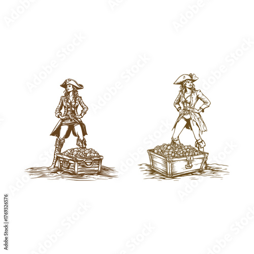 Vintage engraving style illustration of a confident female pirate standing proudly beside an open wooden treasure chest overflowing with gold coins