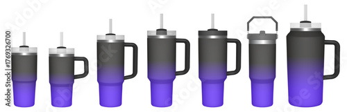 Thermo cup with handle and straw. 14, 30, 40, 64 oz. Travel thermos. Set of black and purple gradient mugs. Tumbler or quencher