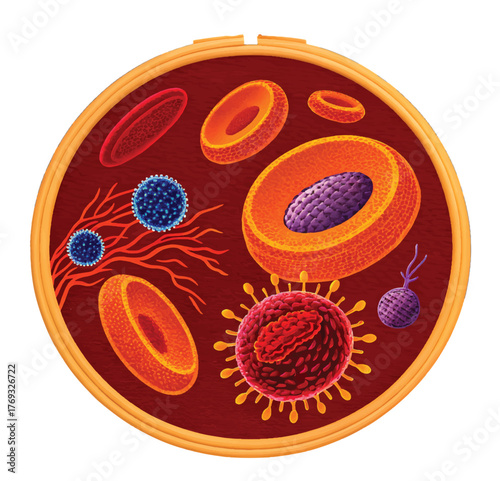 Detailed microscopic view of blood cells and viruses for medical research and education, showcasing complex biological structures and health insights
