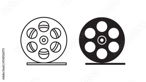 Two film reels one outlined and one solid on transparent background silhouette