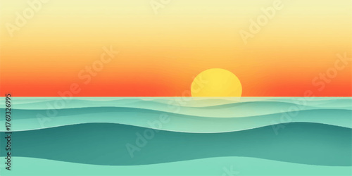 Vibrant sunset over gentle ocean waves with a warm gradient sky in a minimalist flat design style