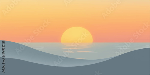 Serene sunset over calm ocean waves with soft pastel sky and distant hills