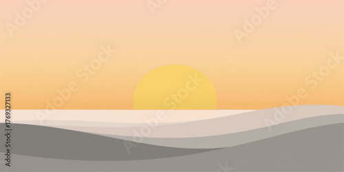 Minimalist abstract landscape with a soft yellow sun setting over undulating grey hills and a pale orange sky