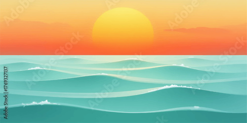 Vibrant orange sunset over a calm turquoise ocean with gentle waves and a clear sky