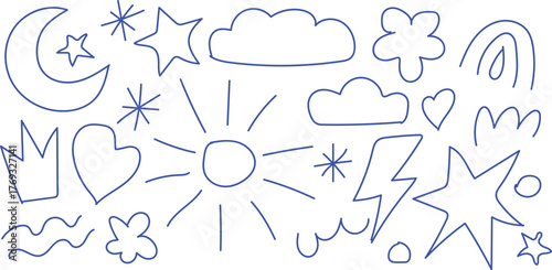 Cute hand drawn chalk style doodles of sun and moon A collection of charming, rough chalk-style hand-drawn doodles featuring celestial elements like the sun and moon.