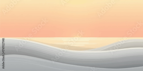 Serene minimalist landscape of a calm ocean reflecting a soft peach sunset over gentle sandy dunes