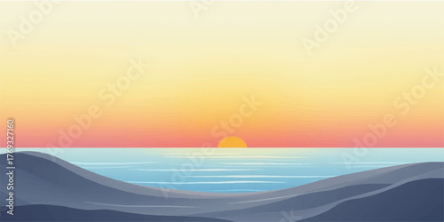 Serene ocean sunset with rolling hills in the foreground and a vibrant gradient sky above