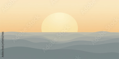Minimalist flat illustration of a large golden sun setting over a hazy undulating landscape at dusk