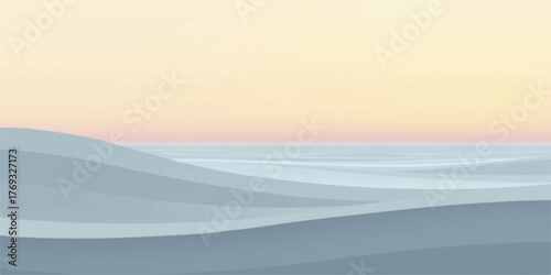 Serene abstract landscape with soft pastel colors depicting rolling hills meeting a calm ocean under a gentle sky