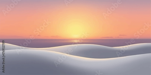 Serene desert landscape at sunset with soft rolling sand dunes and a warm glowing sun over the horizon
