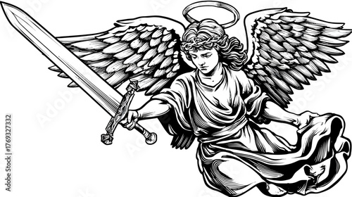 Majestic Monochrome Illustration of a Divine Angelic Warrior Holding a Sword, with Wings and Halo for Protection
