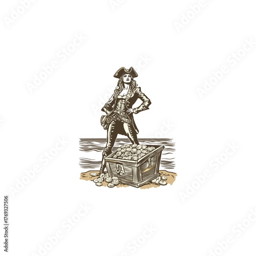 Vintage engraving style illustration of a confident female pirate standing proudly beside an open wooden treasure chest overflowing with gold coins