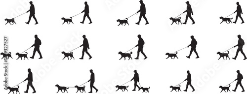 Seamless pattern of silhouetted people walking dogs in various poses showing movement and companion animals in motion vector