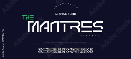 Font digital cyber alphabet with point, trendy letters A, B, C, D, E, F, G, H, I, J, K, L, M, N, O, P, Q, R, S, T, U, V, W, X, Y, Z and numerals 0, 1, 2, 3, 4, 5, 6, 7, 8, 9.