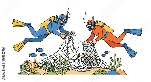 Two scuba divers collecting a fishing net underwater with coral reef and fish.