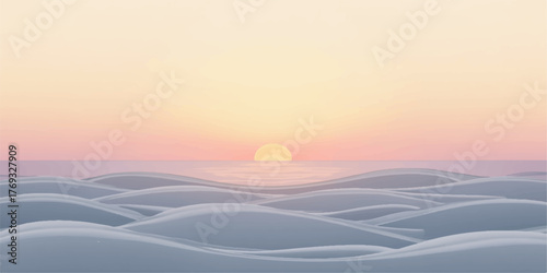 Serene abstract landscape with soft pastel sunset over rolling hills and gentle waves of light