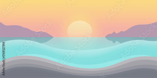 Serene abstract landscape with a soft gradient sunset over calm water and distant mountains