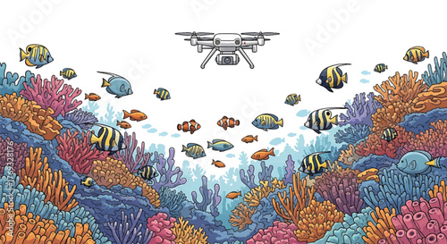 Illustration of a drone flying over a vibrant coral reef with a school of tropical fish.