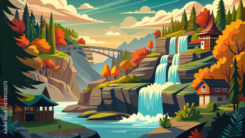 Very beautiful view of Dingmans Falls in Delaware Township, a stunning natural waterfall surrounded by lush green forest, rocks, and wooden walkways, a popular scenic tourist destination.