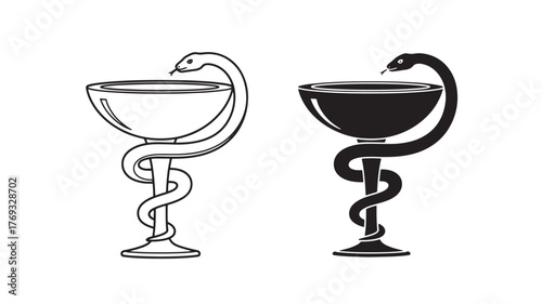 Two caduceus symbols with a snake and cup on transparent background silhouette