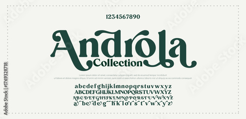 Androla premium luxury elegant alphabet letters and numbers. Elegant wedding typography classic serif font decorative vintage retro. Creative vector illustration 