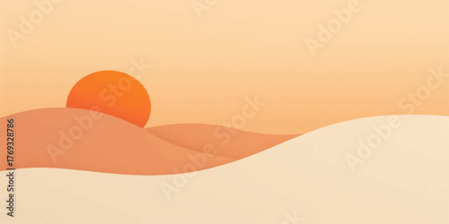 Minimalist desert landscape with a large orange sun setting over rolling sand dunes under a soft gradient sky