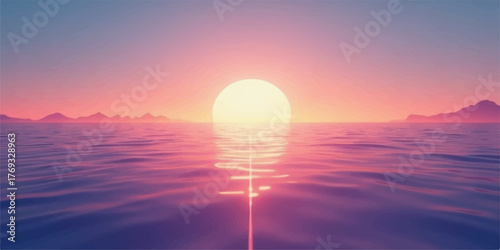 Vibrant sunset over a calm ocean with distant islands and a glowing sun reflecting on the water