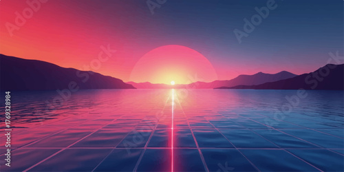 Vibrant retro wave sunset over a calm lake with mountains and a glowing neon grid on the water